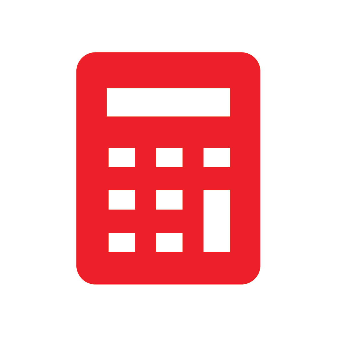 Red calculator icon with a white display and keys on a white and black background.