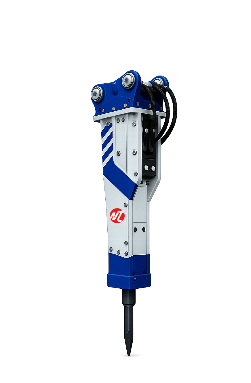 A hydraulic breaker tool, used for demolishing concrete or rock, is displayed against a dark background with red and purple light streaks.