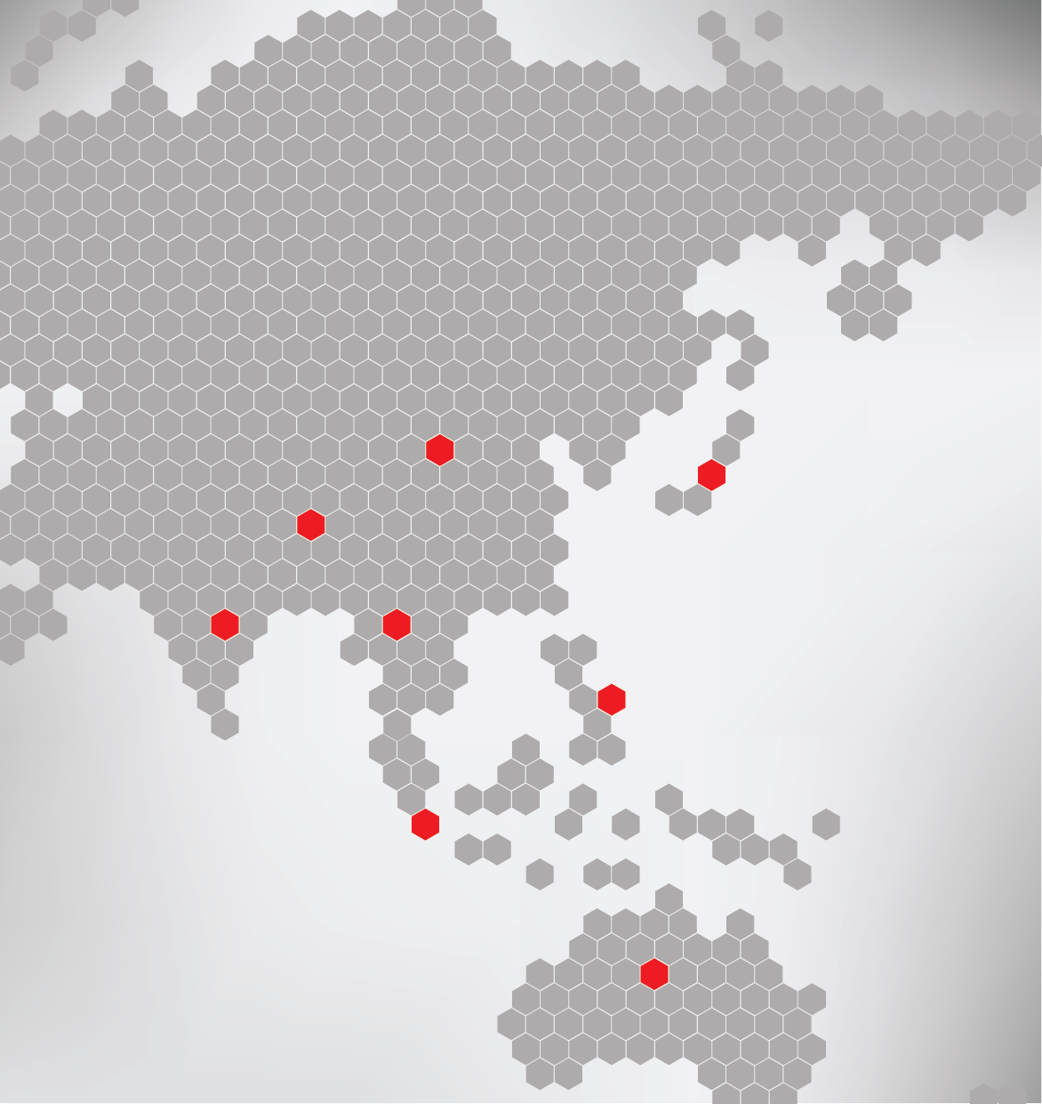 Map of Southeast Asia highlighting several countries with red hexagons indicating specific locations.