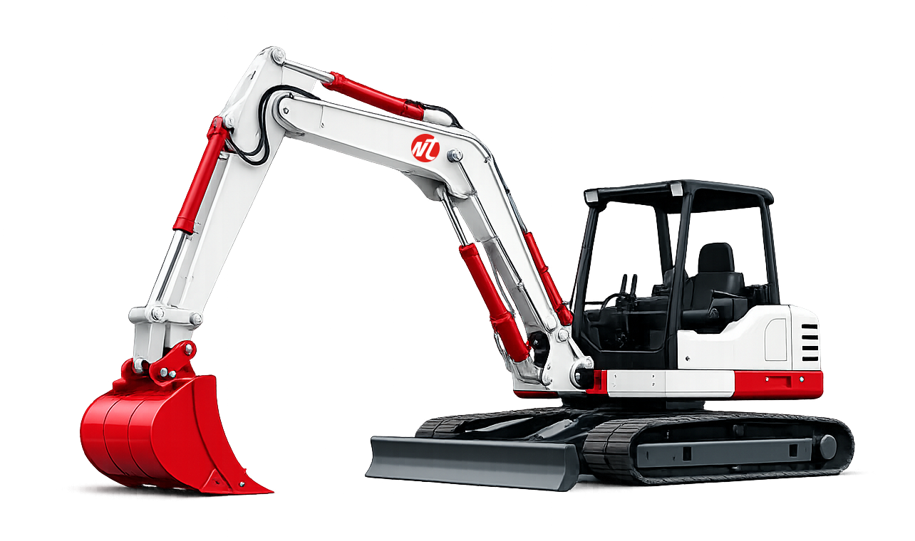 A small white and black excavator with red hydraulic cylinders and a red bucket on a plain background.