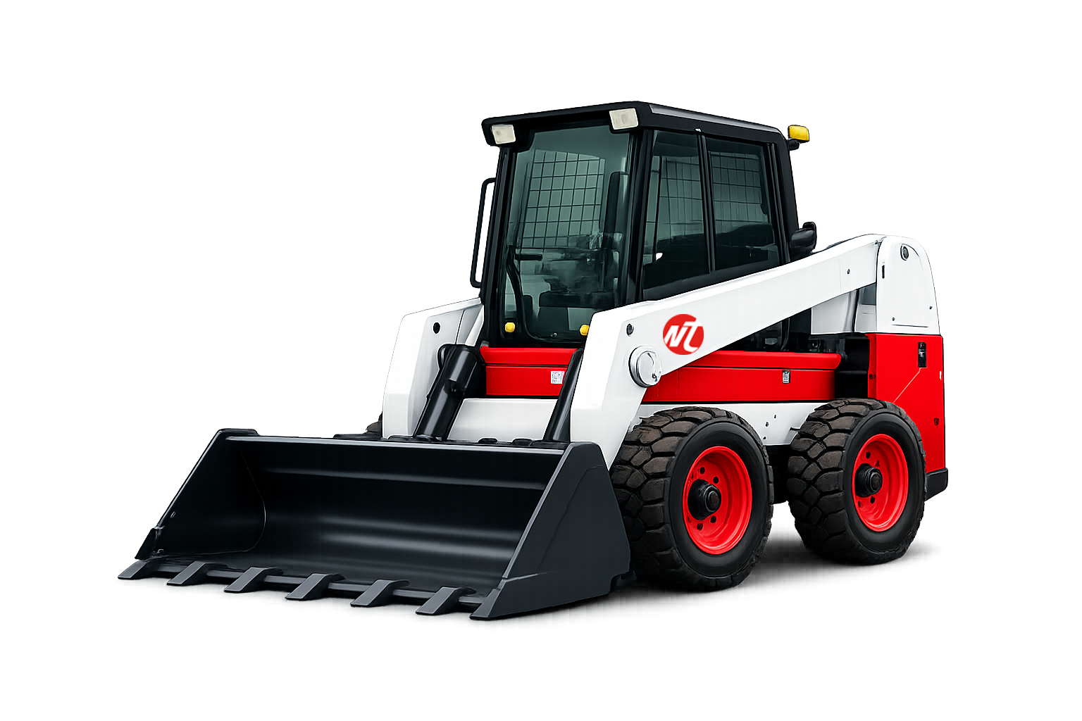 A compact front loader construction vehicle with a white and red exterior, featuring a black bucket attachment and rugged tires, set against a colorful digital background.