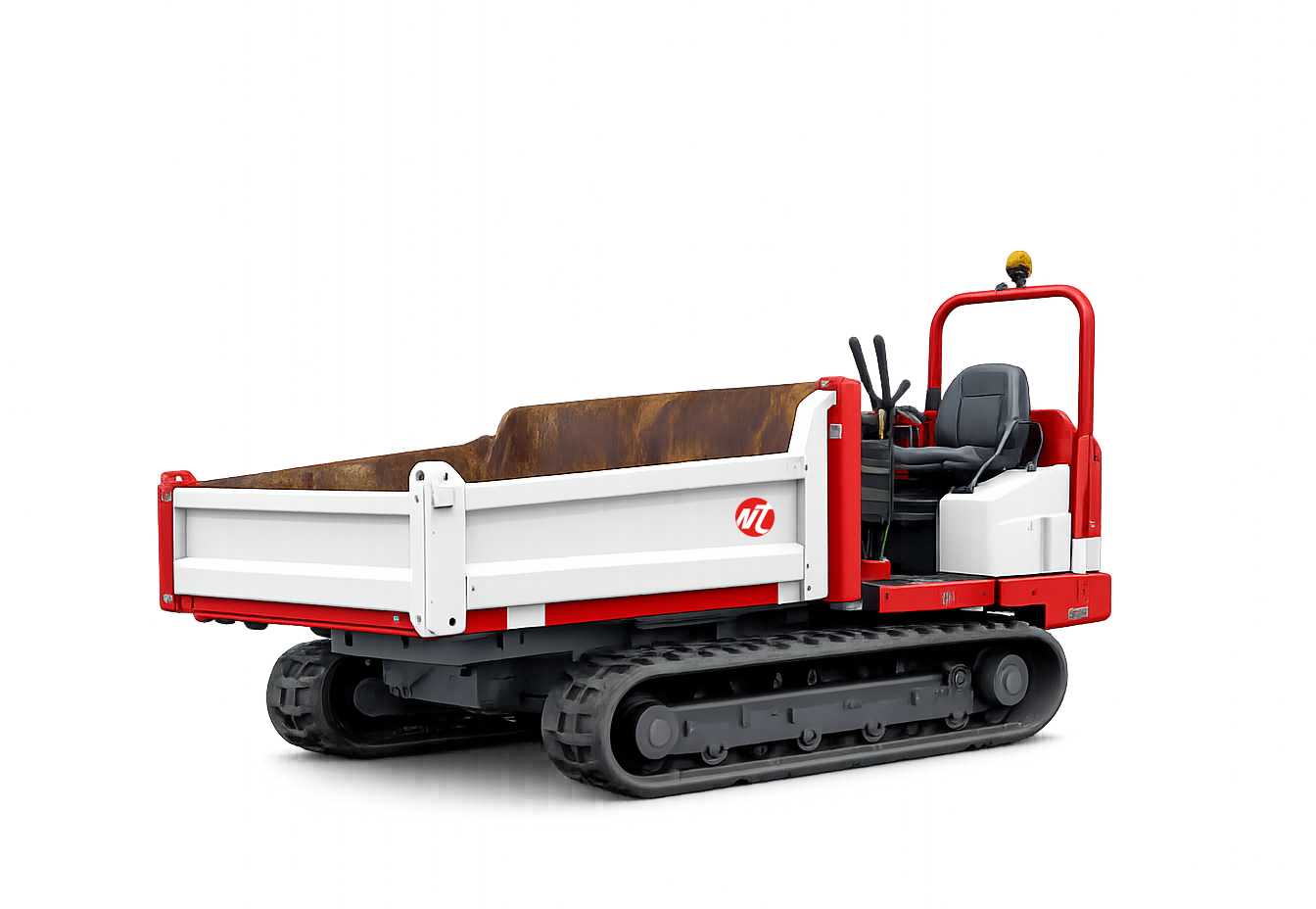 A small tracked dumper truck with a red and white body, a black seat, and rusted metal on its cargo bed, set against a digital or stylized background.