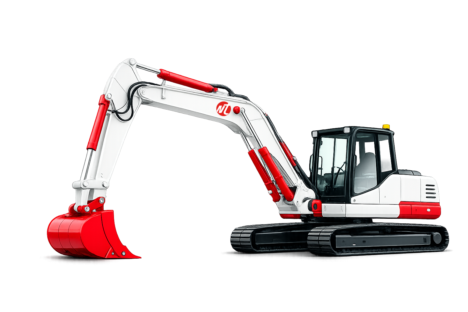 Illustration of a small excavator with a white and red body, black tracks, and a raised arm with a red hydraulic cylinder, set against a background with digital or abstract neon-like lines and shapes.