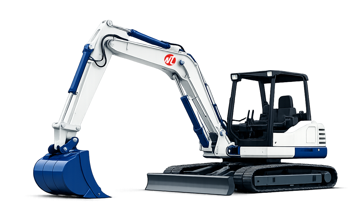 A digital illustration of a small excavator with a white and blue body, black tracks, and a protective glass cabin.