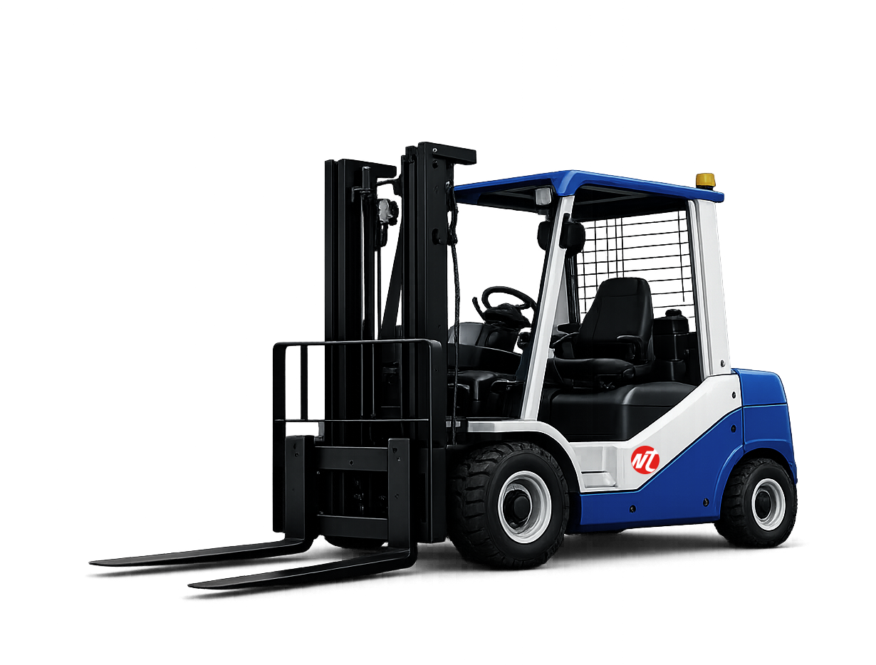 A blue and white forklift with black forks and a small yellow warning light on top, parked against a black background with red, purple, and yellow neon-like light streaks.