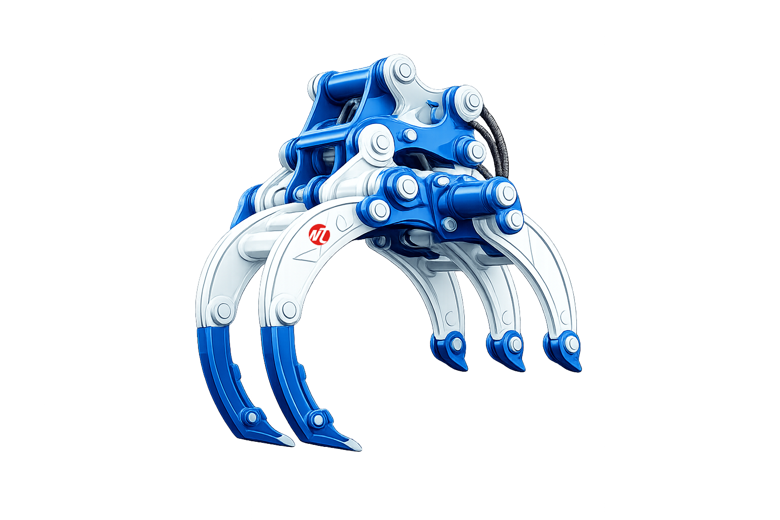 A robotic hydraulic excavator claw with white and blue parts and black hydraulic hoses, set against a dark background.