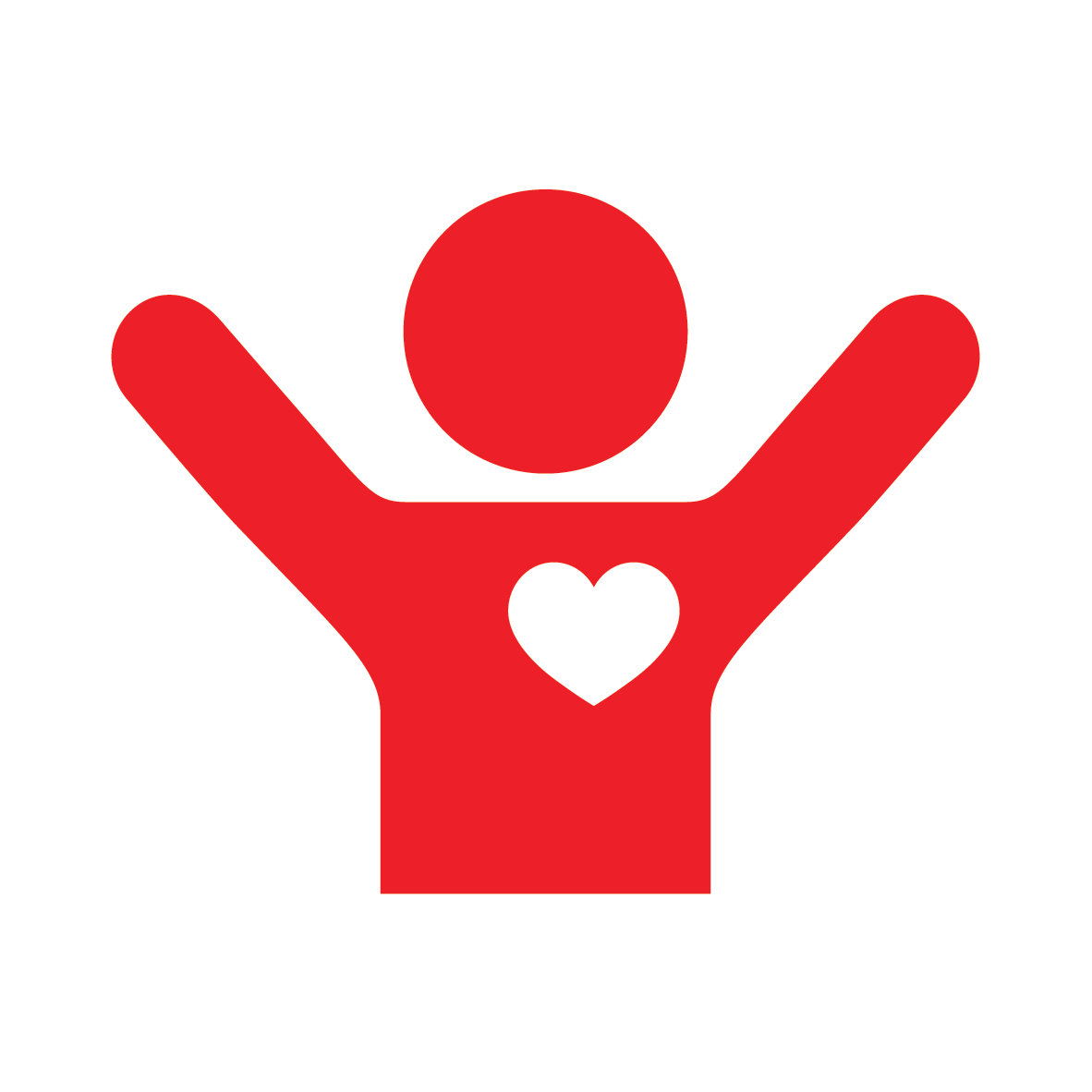 A stylized red figure with raised arms and a heart shape on its chest, symbolizing care or love.