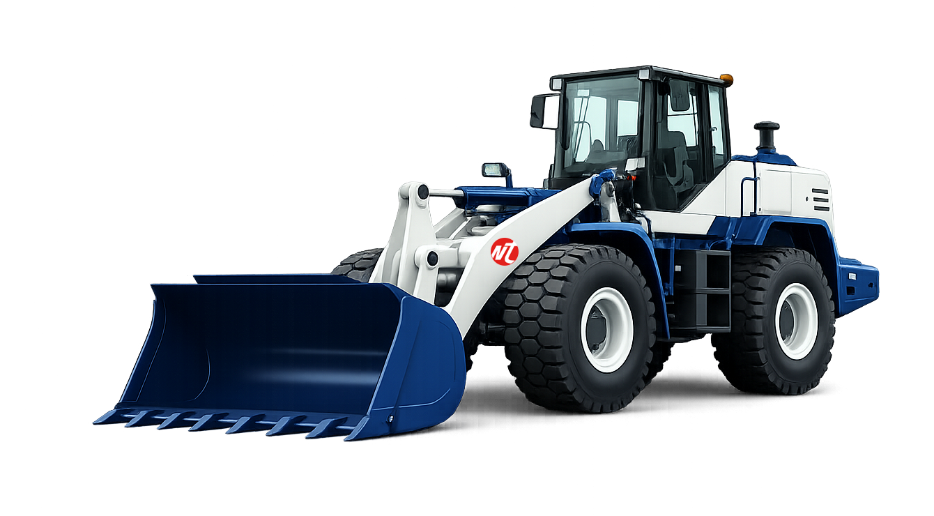A large front loader construction vehicle with a blue bucket and white and blue body, set against a dark background with colored lights.