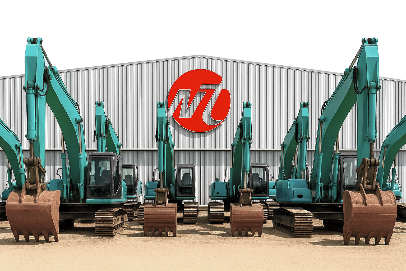 Multiple teal-colored excavators parked in front of a gray warehouse with a large red logo.
