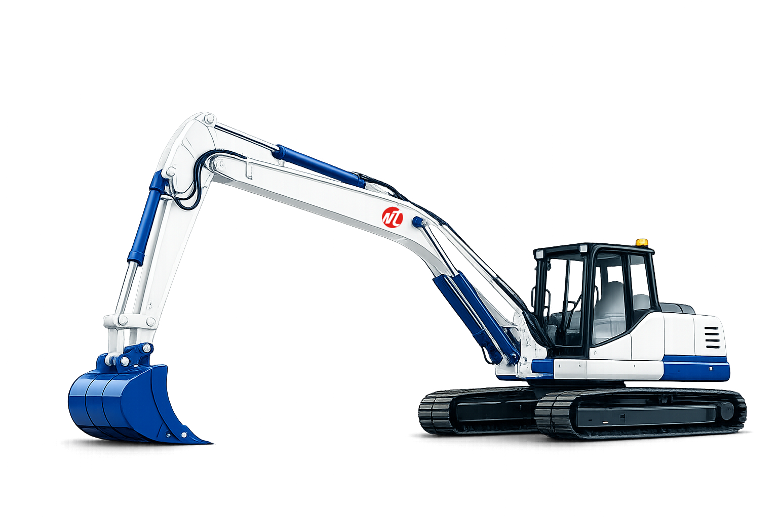 Digital illustration of a white and blue excavator with a bucket, set against a futuristic abstract background with red and black hues.