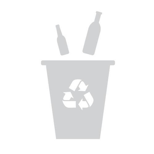 Two glass bottles disposed of into a recycling bin with a recycling symbol on it.