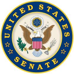 Seal of the U.S. Senate featuring an eagle holding an olive branch and arrows, with a shield on its chest and a ring of stars, against a blue background.