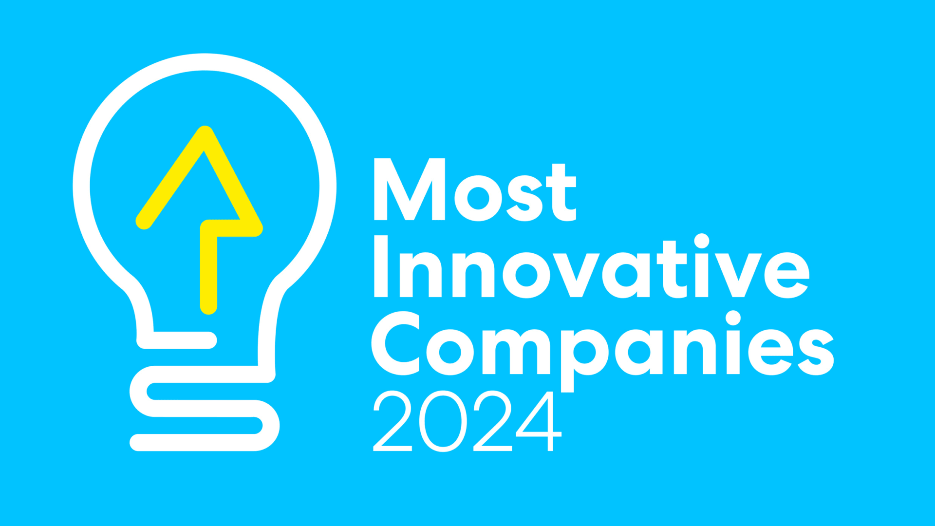 Bright blue background with a white outline of a lightbulb and a yellow upward arrow inside it. To the right, white text reads 'Most Innovative Companies 2024'.