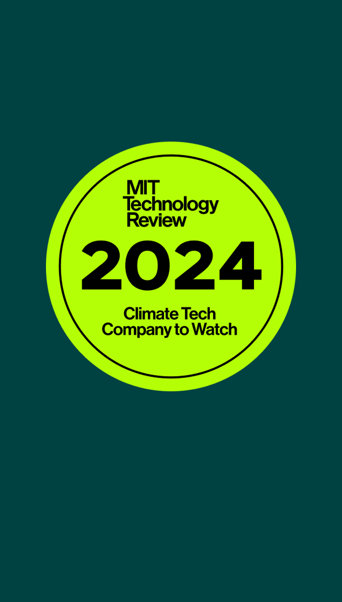 Green circle with black text on a dark background reading 'MIT Technology Review 2024 Climate Tech Company to Watch'.