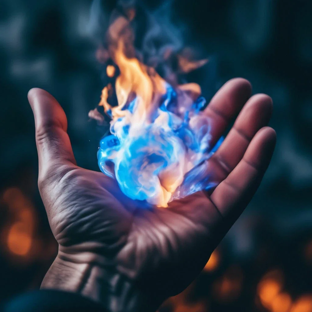 A hand holding a ball of blue and orange flames against a dark background.