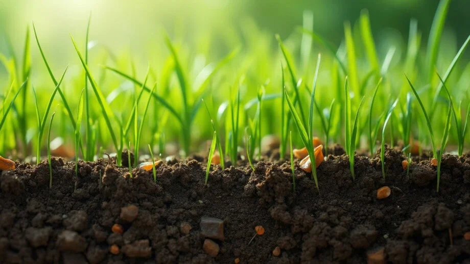 Close-up of green grass sprouting from the soil.