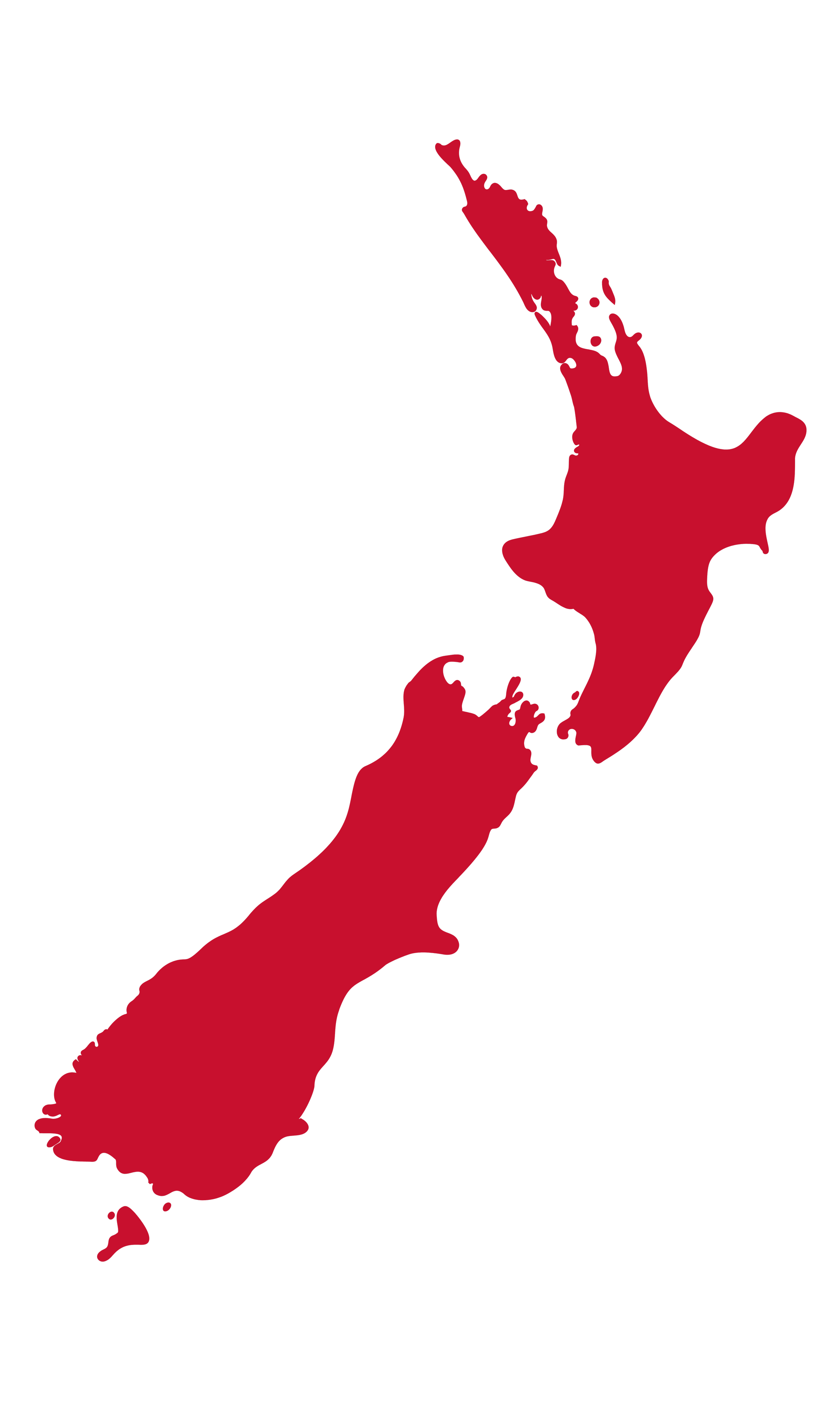 Map of New Zealand with landmasses in red and the surrounding water in black.