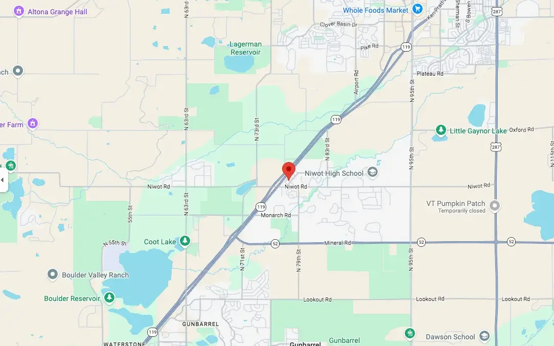 Map showing the area around Niwot, Colorado, with roads, lakes, school, and landmarks including Niwot High School, Coot Lake, Boulder Reservoir, and Little Gaylor Lake.