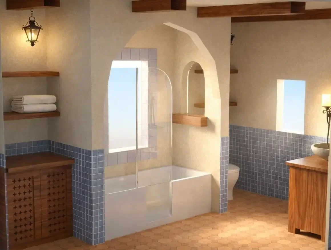 Mediterranean-style bathroom design rendering with arched tub alcove, blue mosaic tile wainscot, and terracotta floor.