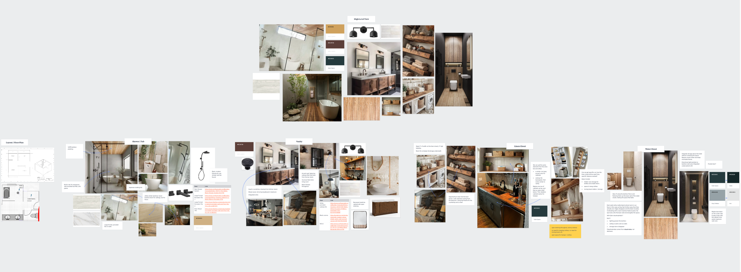 Design plan for a bathroom and laundry room with photos of bathroom fixtures, cabinetry, shelves, and flooring samples.
