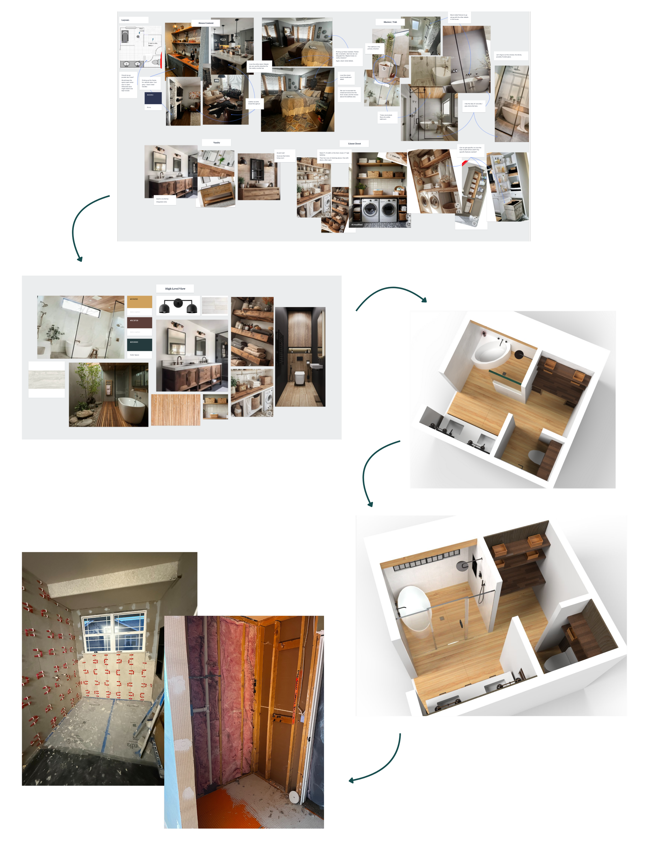 A compilation of interior design mood boards, 3D models, and construction progress images showcasing bathroom renovation stages and design concepts.