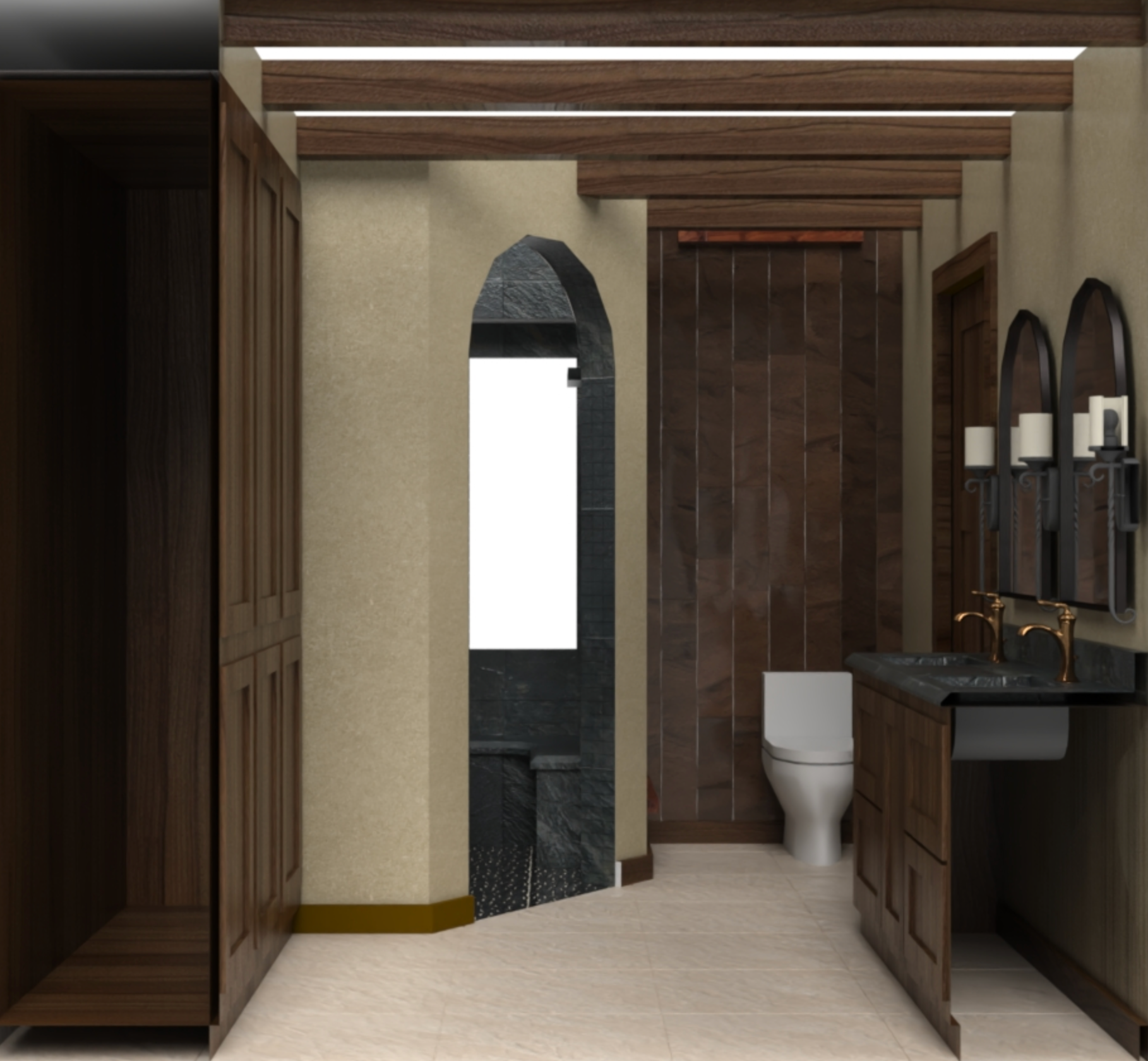 Bathroom with wooden accents, a toilet, a vanity with a black countertop, two mirrors, and wall-mounted candle holders.