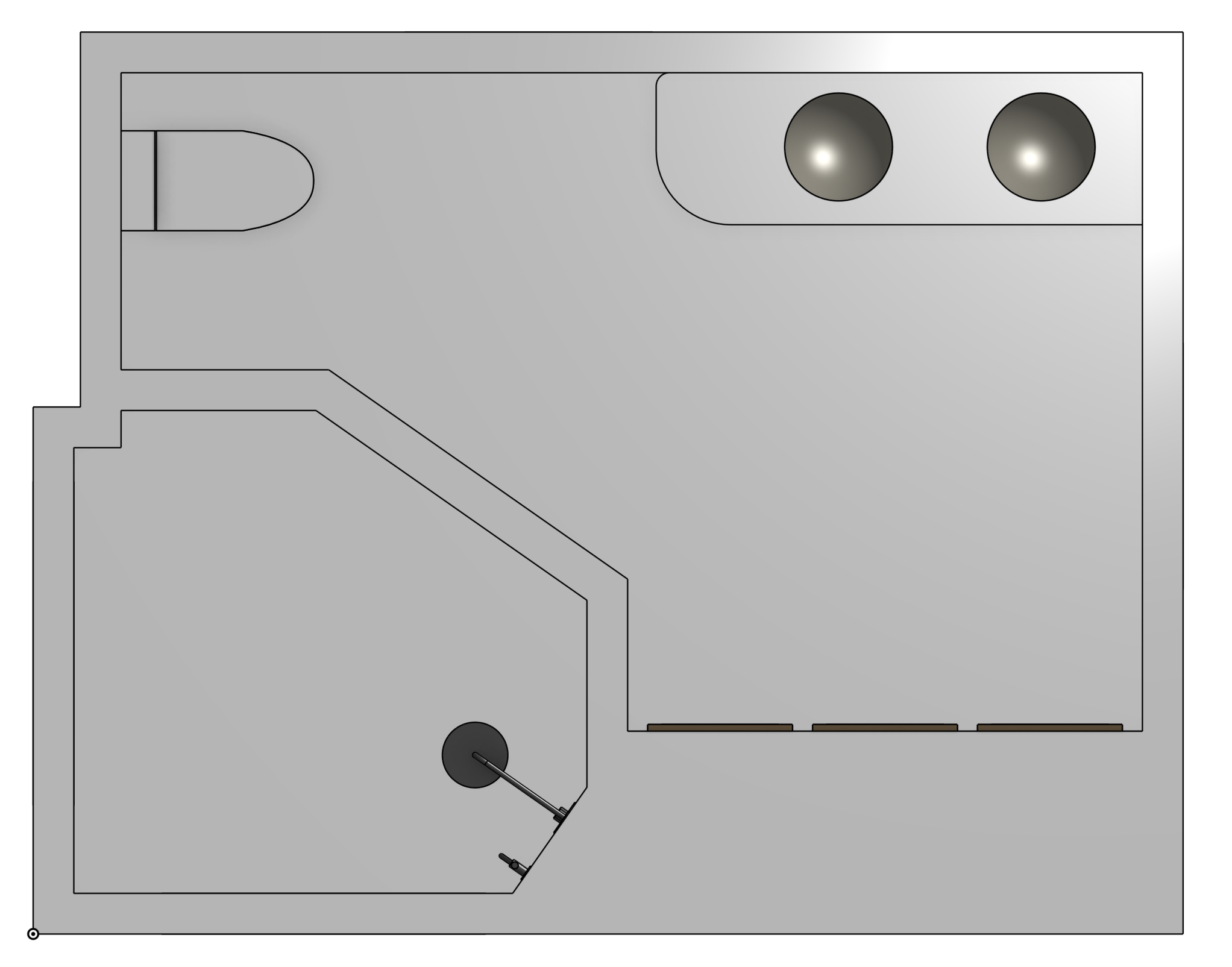 Top-down view of a kitchen floor plan showing a stove with two burners, a cabinet with three drawers, a corner counter with a sink, and a doorway.