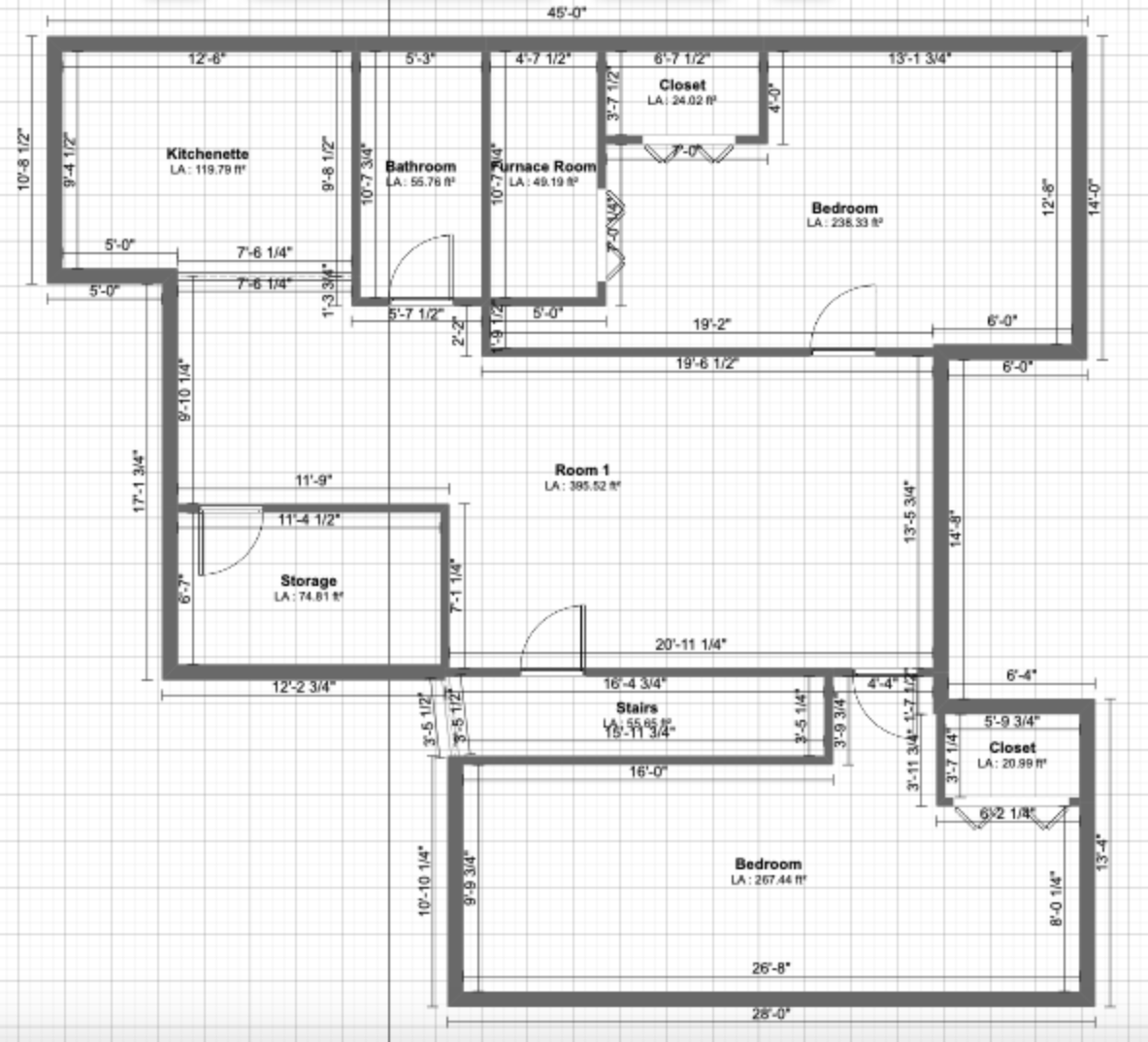 Floor plan of a house showing rooms such as bedroom, kitchenette, bathroom, storage, closets, stairs, and a furnace room with measurements and labels.
