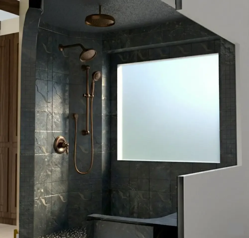 Shower remodel design mockup with dark tile walls, rainfall showerhead, and built-in bench
