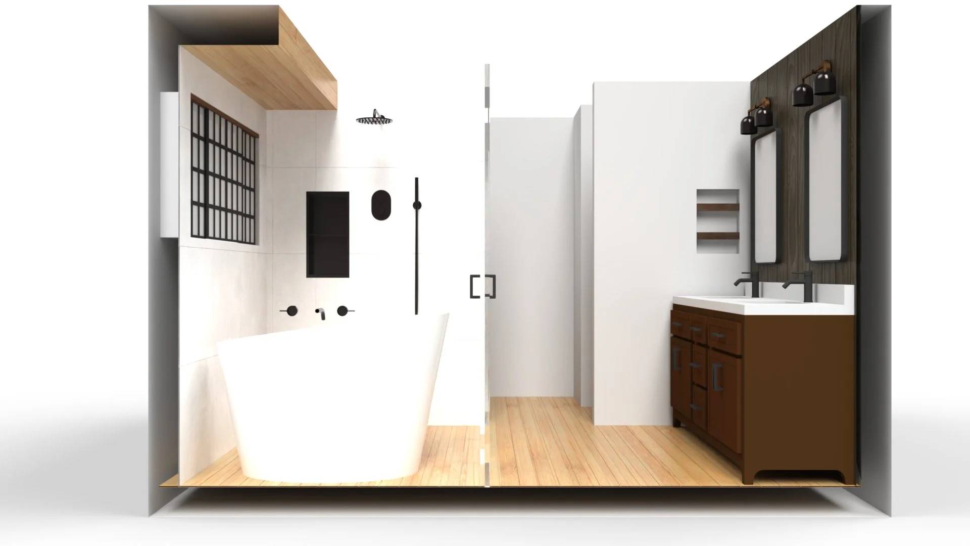 A modern bathroom with a bathtub, black fixtures, a showerhead, large window, wooden accents, and a dual-sink vanity with mirrors.