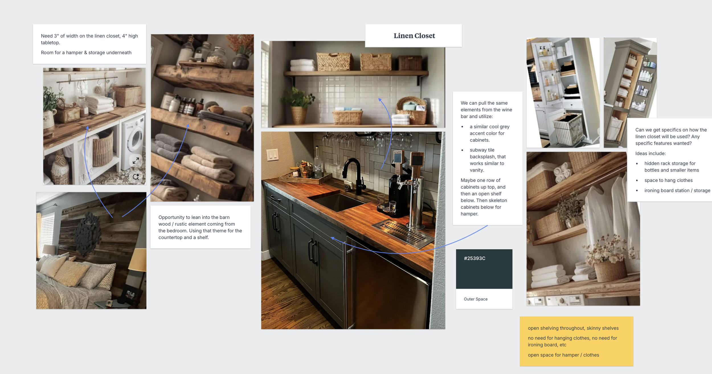 Collage of interior design ideas for a linen closet, kitchen, and bedroom featuring open shelves, wicker baskets, wooden surfaces, and storage solutions with annotations and color palette.