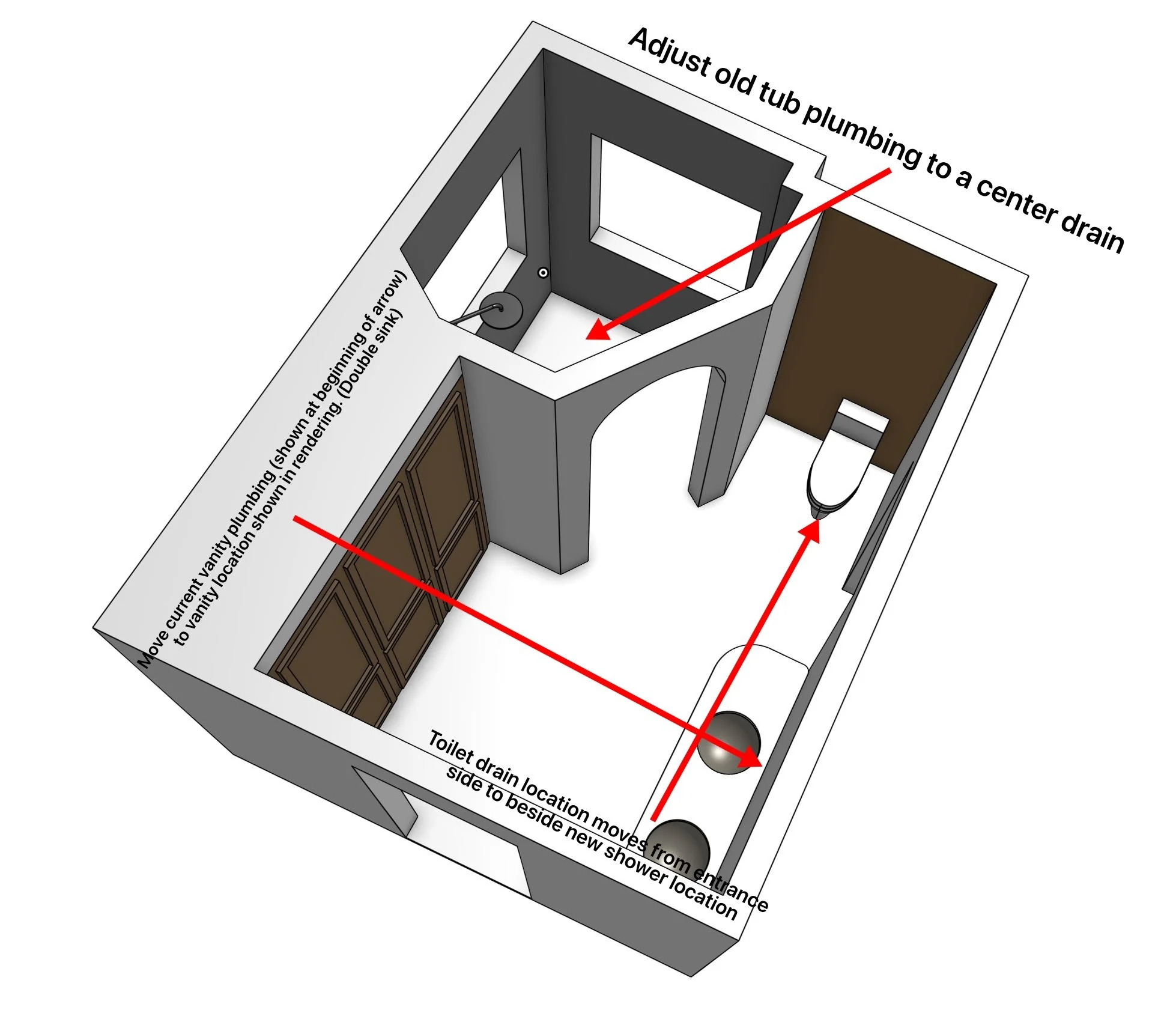 Diagram of bathroom plumbing modifications, showing a new shower stall with instructions to move the toilet drain, adjust the old tub plumbing to a center drain, and relocate the toilet drain side to side.