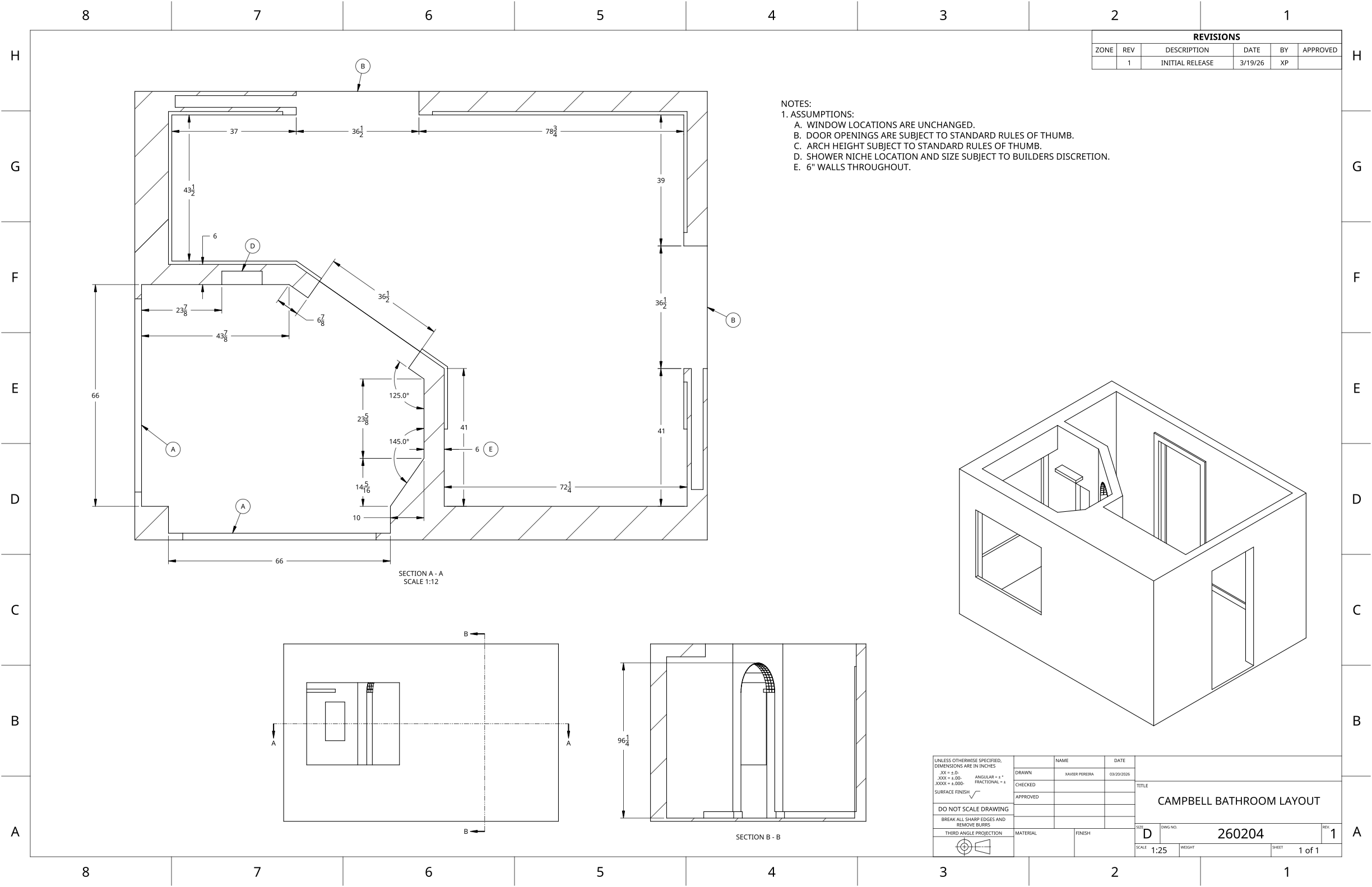 Bathroom layout plan with measurements, including wall positions, door openings, window locations, and sections showing detailed views of the shower and doorway. There is a 3D perspective of the room in the bottom right corner.