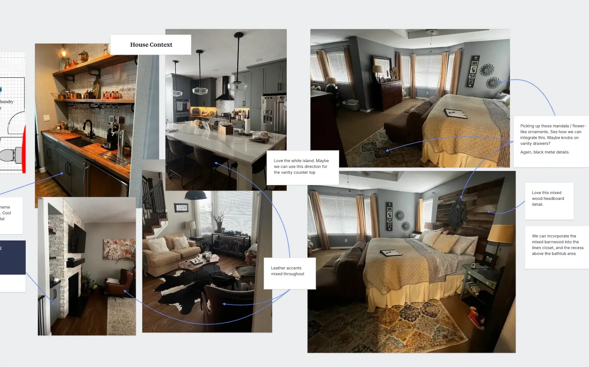 "House Context" mood board showing existing rooms in the client's home with annotated design notes that inform the bathroom remodel direction.