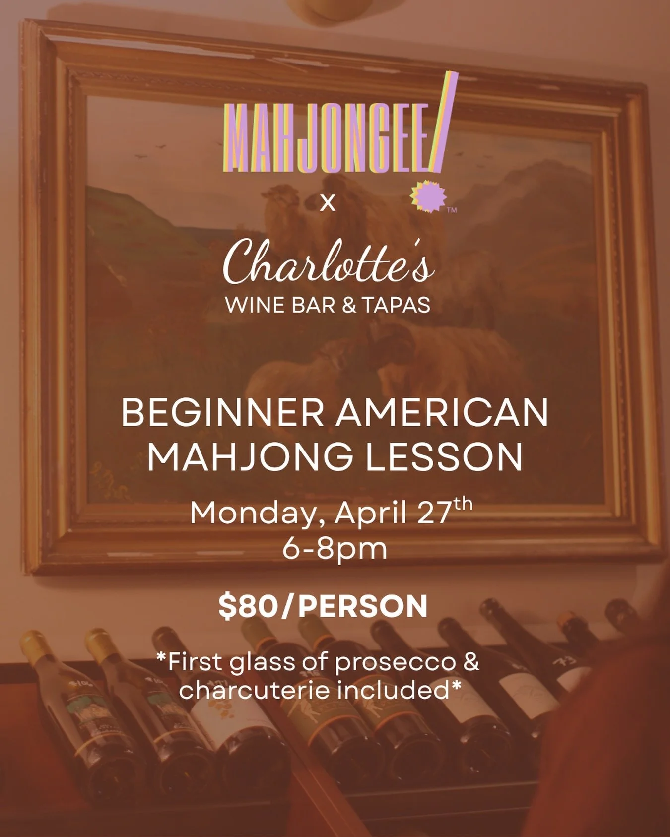 Back at it again with another beginner lesson at my favorite wine &amp; tapas bar @charlotteswinebar! 🍷 Join us on April 27th from 6-8pm. Grab some friends &amp; let&rsquo;s mahj together. ✨