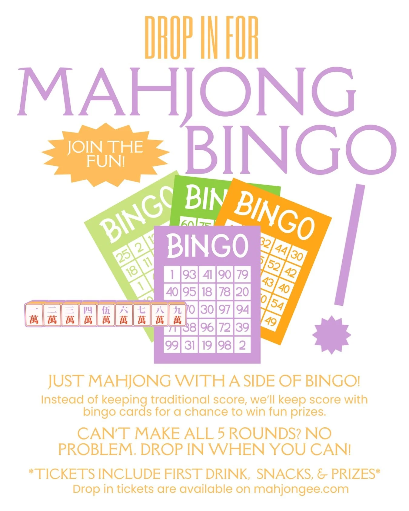 Did you know? We&rsquo;ve got 5 weeks of Mahjong Bingo coming up&hellip;. and GOOD NEWS: if you can&rsquo;t make it to all 5 sessions, there are drop in tickets available. I know Summer schedules can get busy - especially with kiddos being out of sch