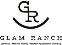 Glam Ranch logo with stylized 'GR' and a curved line underneath, accompanied by the text 'Esthetics Makeup Artistry Western Apparel Iron Branding'.