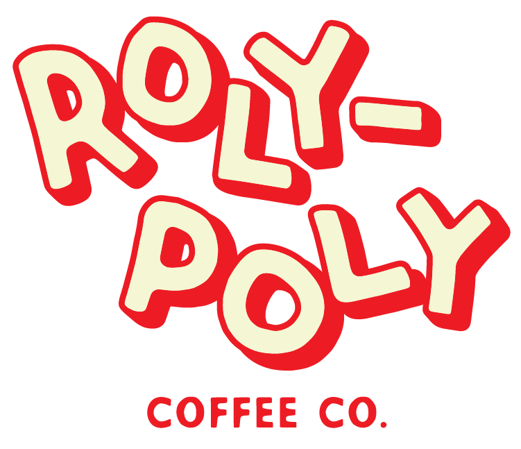 Logo for Roy-Poly Coffee Co. with stylized, playful red and cream lettering.