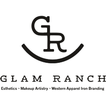 Glam Ranch logo with stylized 'GR' and a curved line underneath, accompanied by the text 'Esthetics Makeup Artistry Western Apparel Iron Branding'.