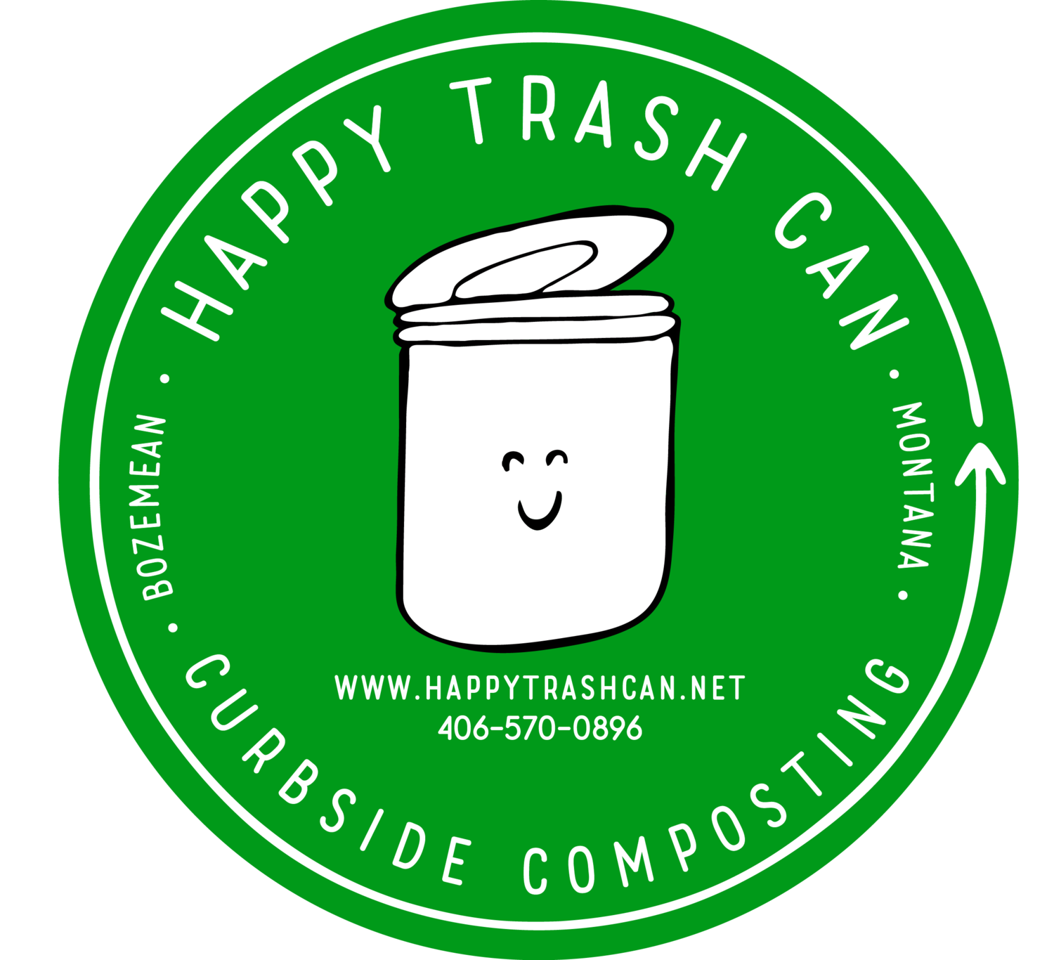 Green circular sticker with a smiling trash can illustration at the center, surrounded by the text 'HAPPY TRASH CAN' at the top and 'CURB SIDE COMPOSTING' at the bottom. Includes website, phone number, and recycling messages.