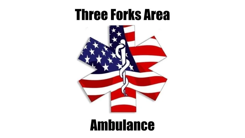 Logo for Three Forks Area Ambulance featuring the American flag, a star of life, and a snake entwined around a staff.