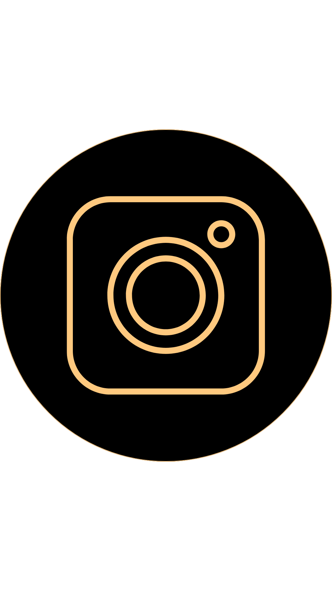 Outline of the Instagram logo in a gold color on a black background, enclosed in a thin circular gold outline.