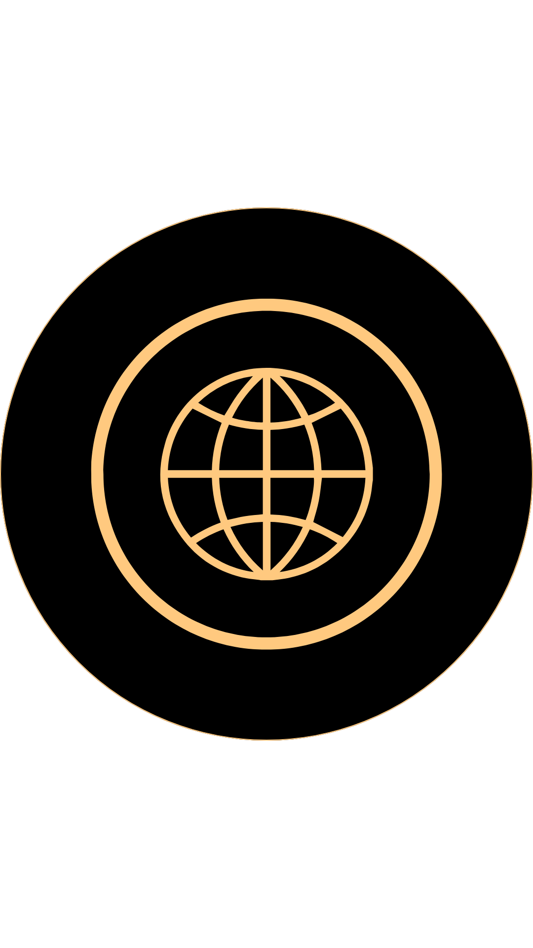 A stylized neon icon of a globe within a circle on a black background.