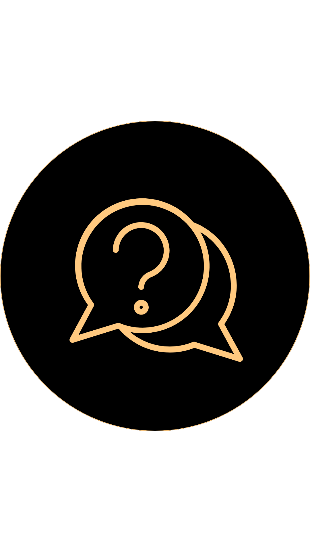 A stylized icon with speech bubbles containing a question mark, set on a black background.