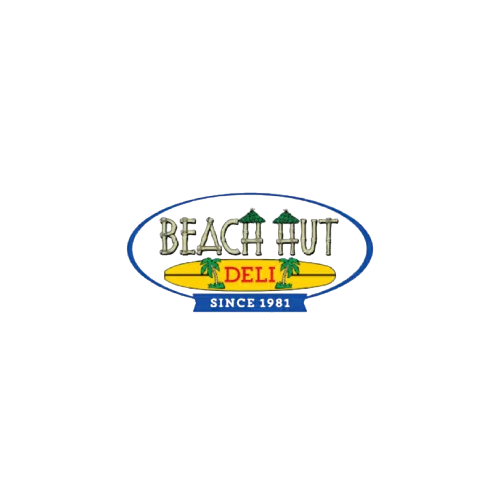 Logo for Beach Hut Deli with palm trees, a surfboard, and the text 'Since 1981'.