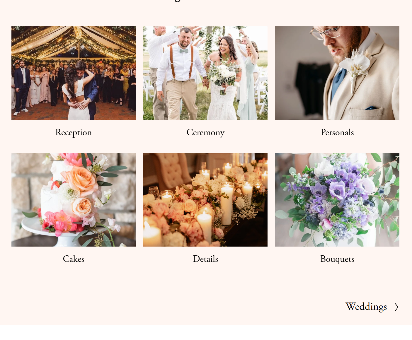 Collection of wedding-related images with categories labeled: Reception, Ceremony, Personals, Cakes, Details, Bouquets, and Weddings, showing scenes from a wedding celebration.