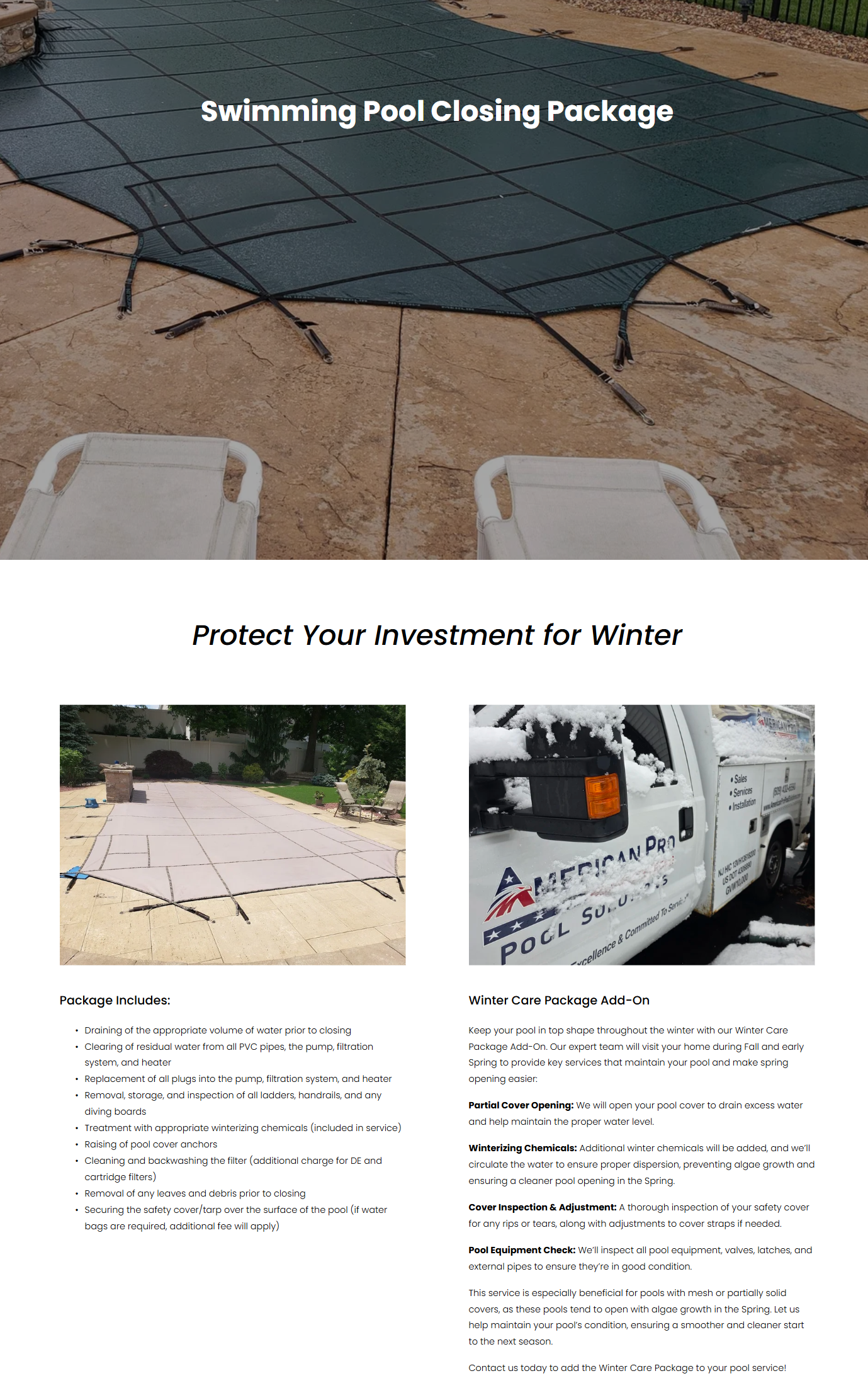 A pool cover is being installed on a swimming pool. Text overlay says 'Swimming Pool Closing Package'. Two white lounge chairs are in the foreground.