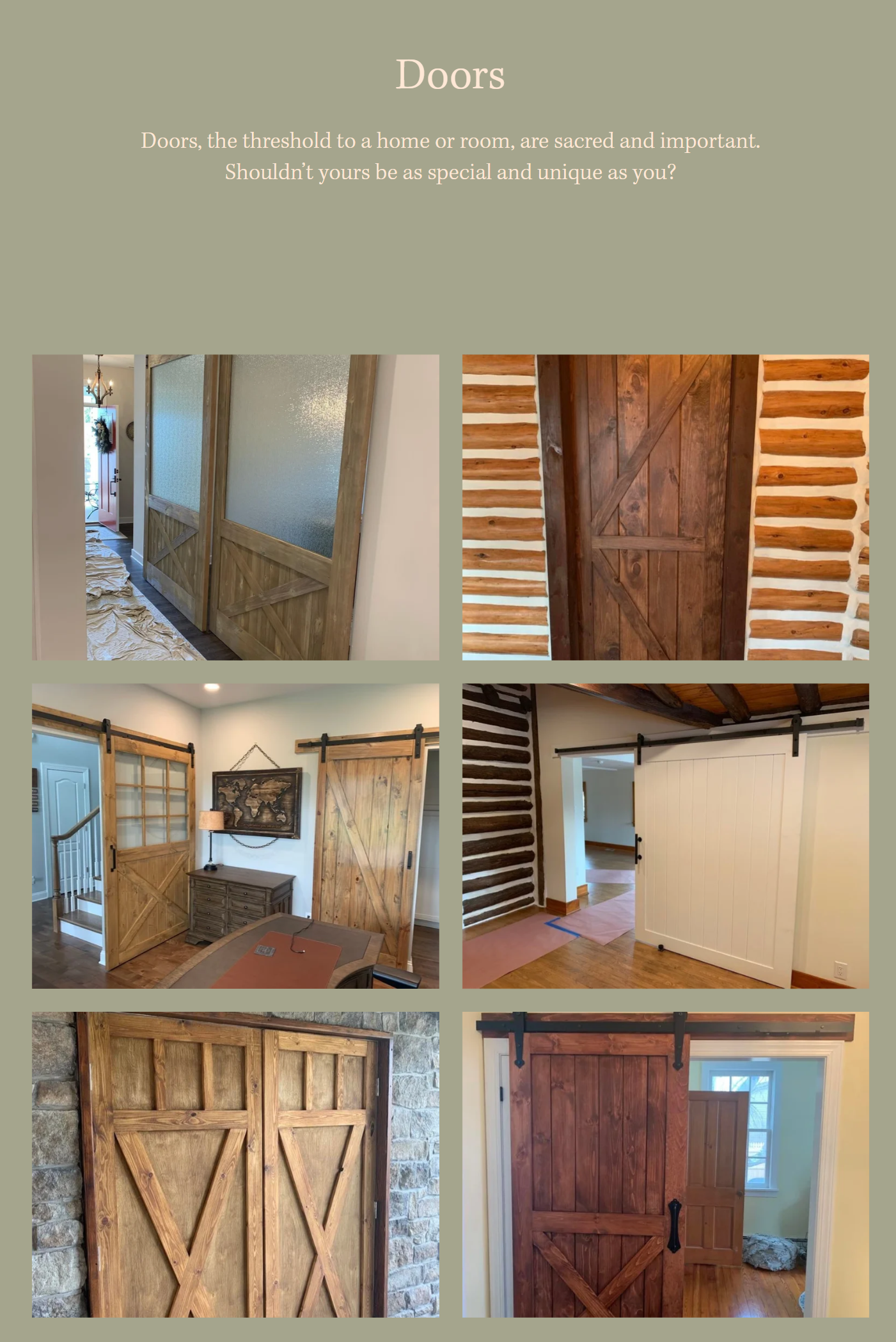 Collection of six doors with various styles and finishes, including sliding barn doors, rustic wooden doors, and modern panel doors, used in different interior spaces.