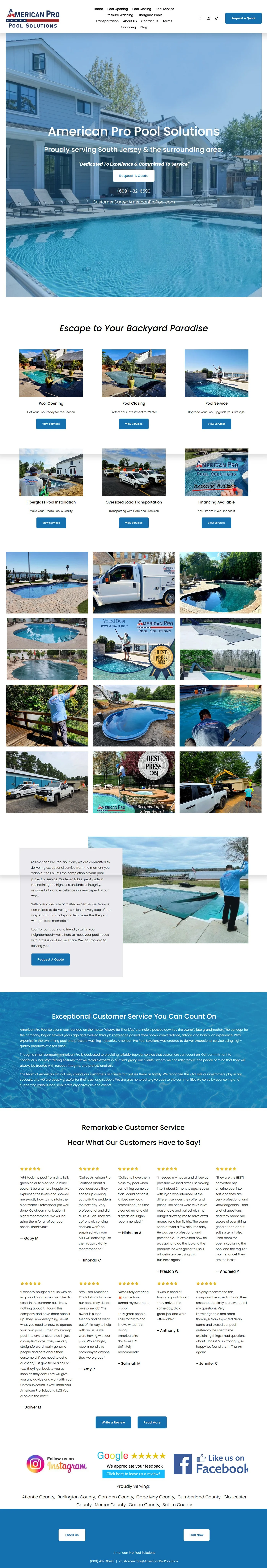 A webpage for American Pro Pool Solutions featuring an outdoor swimming pool, poolside lounge chairs, and a house in the background. The page highlights services including pool equipment, pool cleaning, and pool services, with customer reviews and contact information.