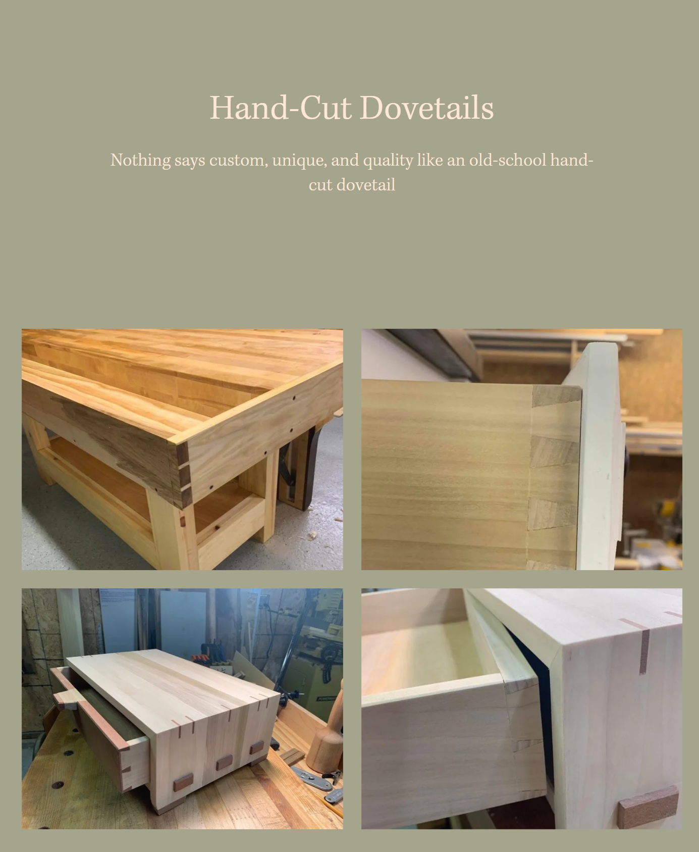 Collage of four images showing handmade, hand-cut dovetail joints in wood furniture projects.